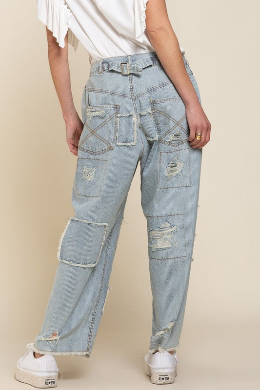 High Rise Patchwork Striped Boyfriend Jeans
