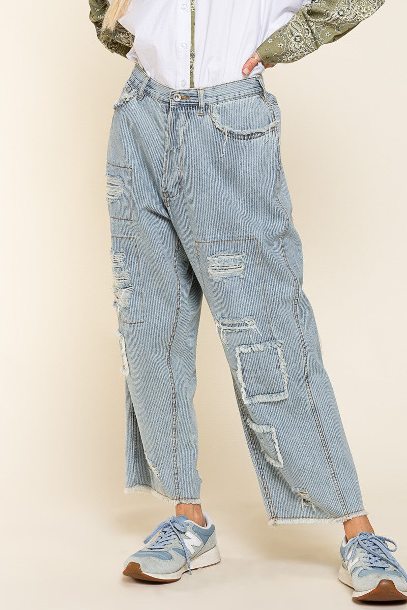 High Rise Patchwork Striped Boyfriend Jeans