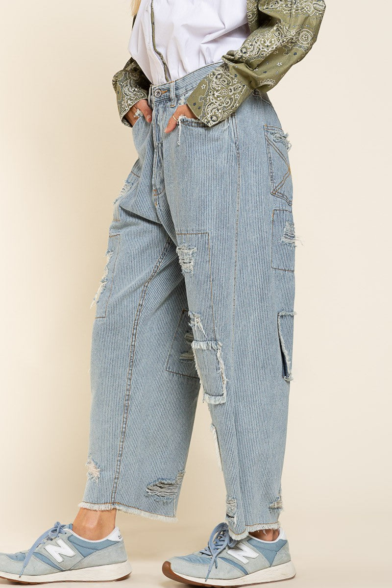 High Rise Patchwork Striped Boyfriend Jeans