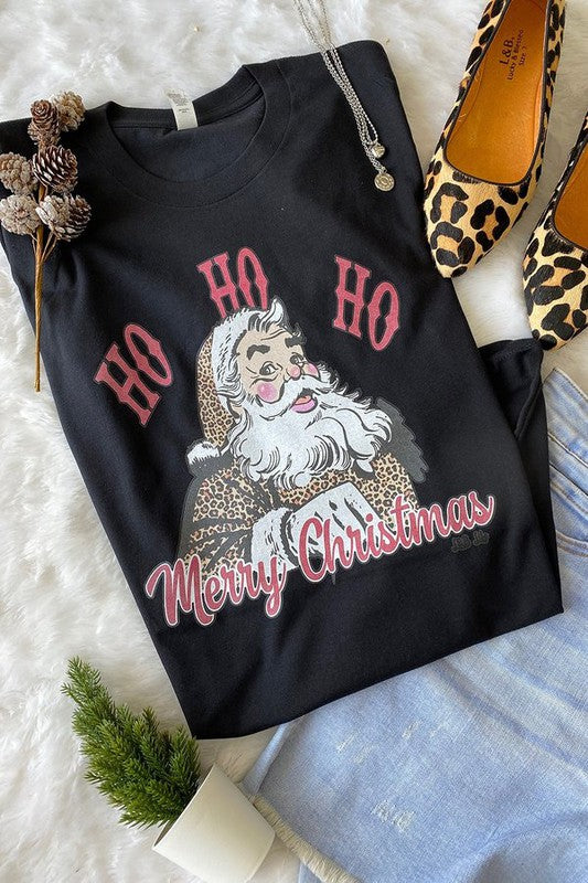 HO HO HO Merry Christmas Graphic Tee - Black