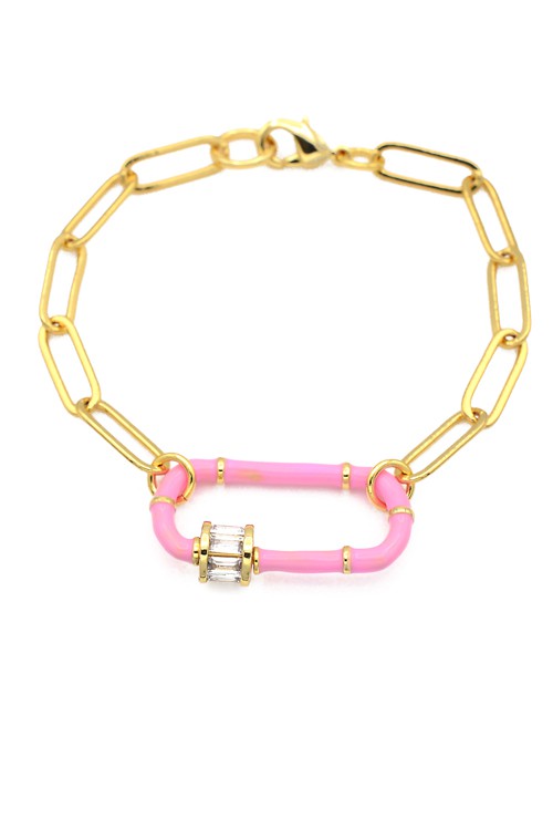 Gold Linked Chain Bracelet with Pink CZ Station