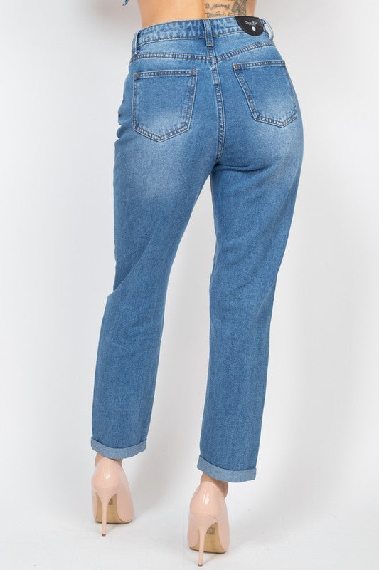High Waist Cropped Ripped Boyfriend Jeans