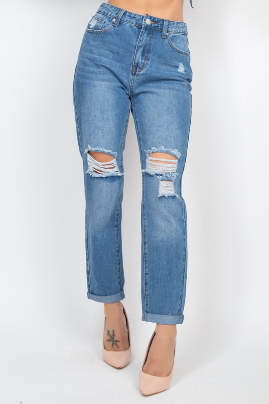 High Waist Cropped Ripped Boyfriend Jeans