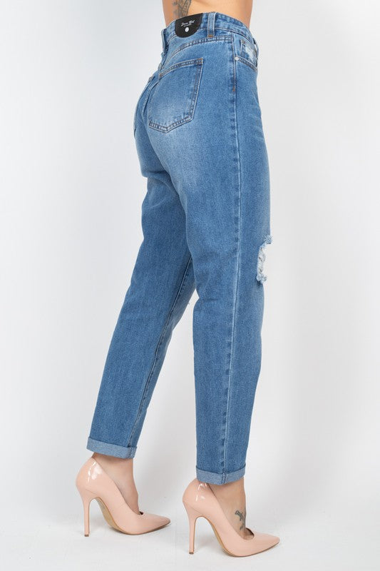 High Waist Cropped Ripped Boyfriend Jeans