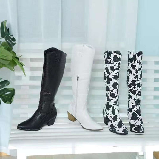 Mid Heel Side Zipper Western Boots- White