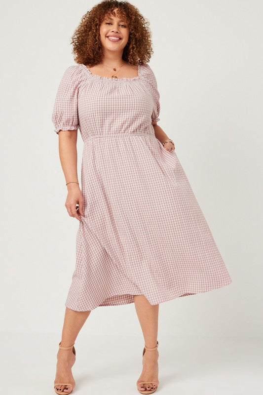 Curvy Girl Smocked Puff Sleeve Textured Checkered Dress