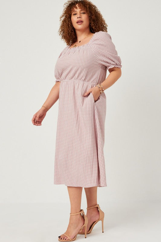 Curvy Girl Smocked Puff Sleeve Textured Checkered Dress