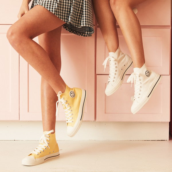 Soft Canvas High Top Smiley Face Sneakers - White