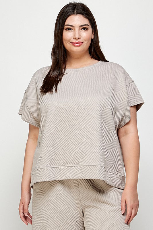 Curvy Girl Textured Short Sleeve Sweatshirt Top - Oatmeal