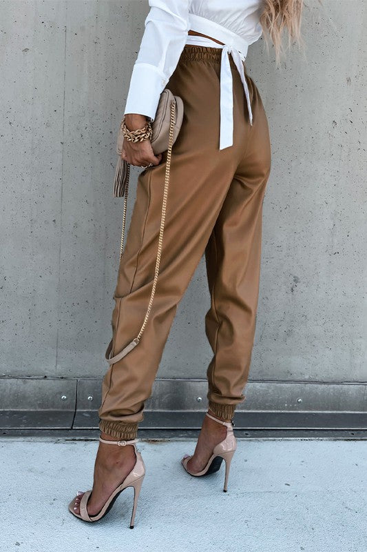 PU Leather Sweatpants - Khaki