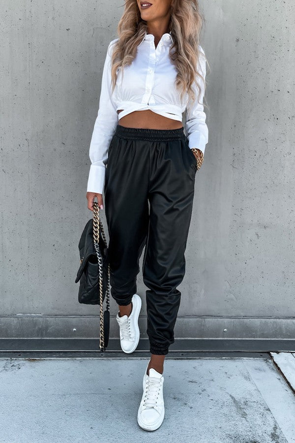 Leather best sale sweatpants outfit