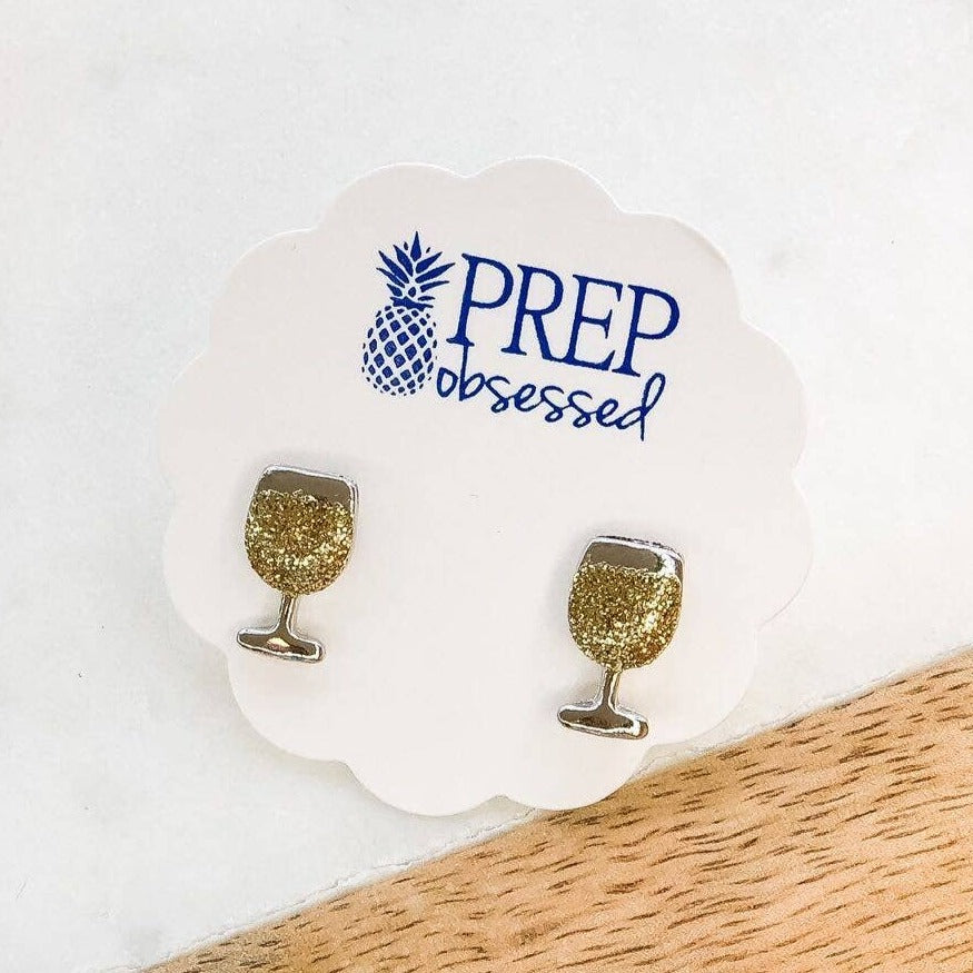 Signature Enamel Stud Earrings - Glitter White Wine Glass