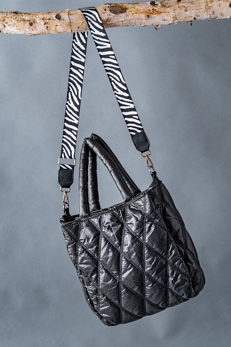 Diamond Quilted Puffer Cross Bag with Strap - Black