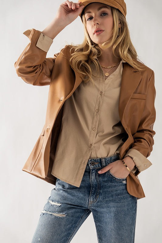 Faux Leather Lapel Neck Blazer - Camel
