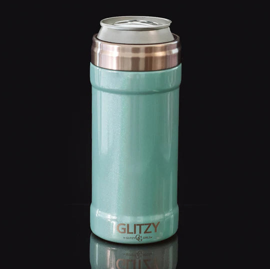 12 oz. Glitzy Skinny Can Cooler - Teal Glitter