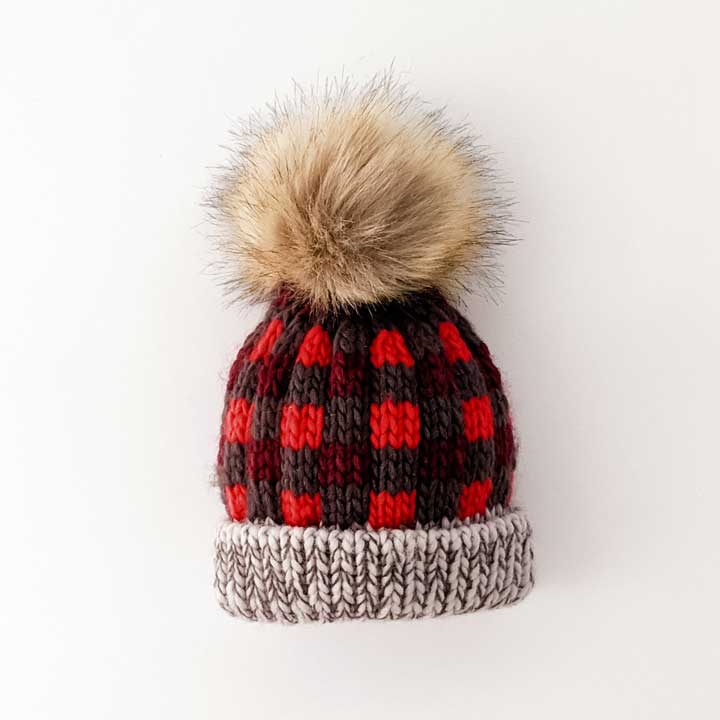 Kids Buffalo Check Pom Pom Beanie Hat Mo