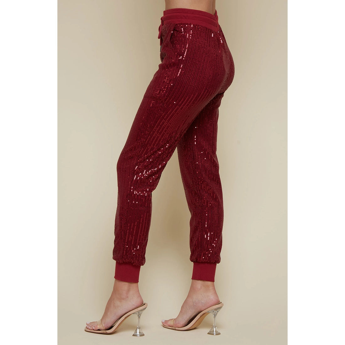 Stretchy Sequin Jogger Pants - Wine