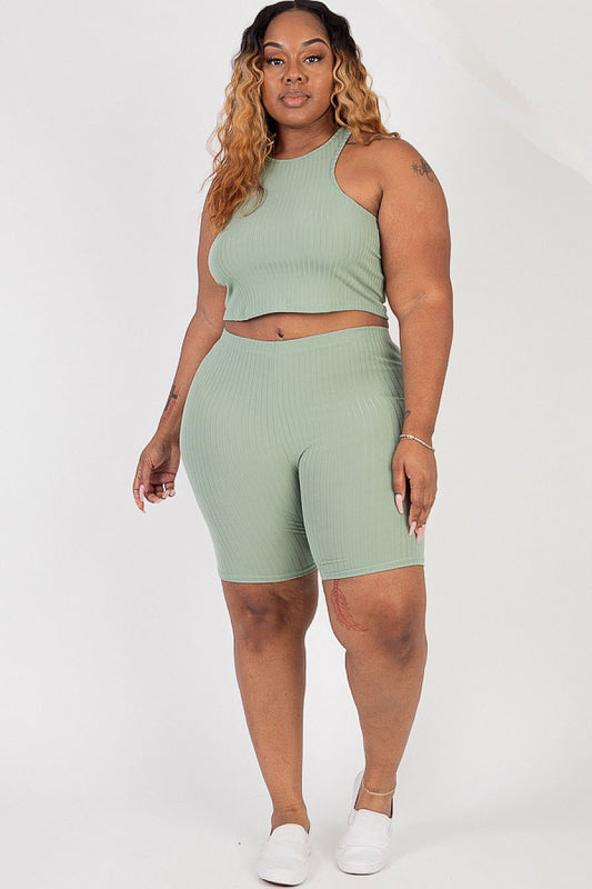 Curvy Girl Ribbed Cropped Tank Biker Shorts Set (Sold Separately) - Green Bay