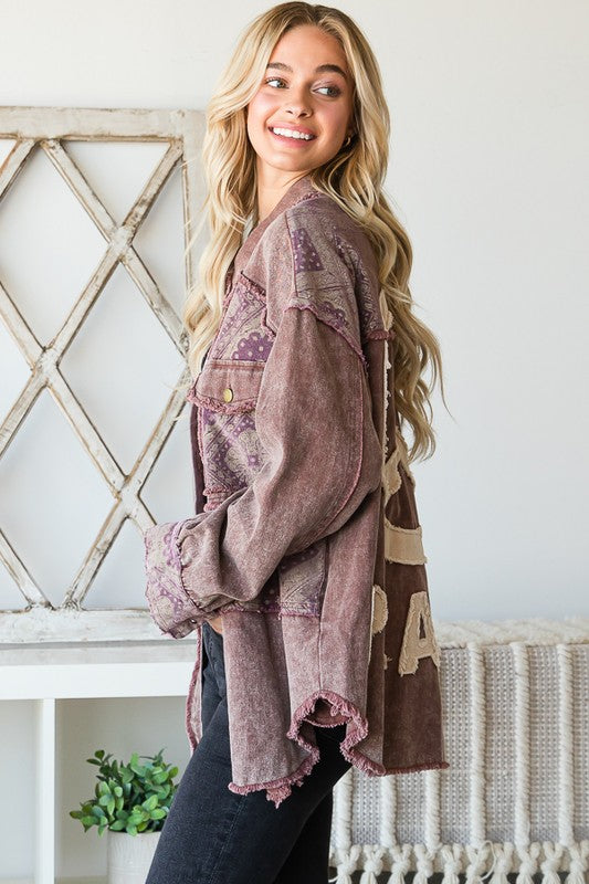 Mineral Washed Hounds Tooth Shacket - Plum