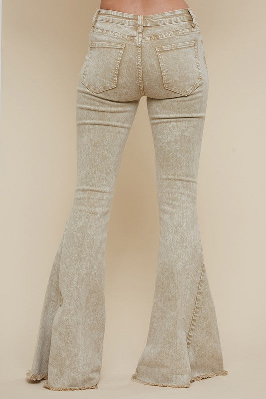 Acid Wash Flare Bell Bottom Denim Jeans - Sand