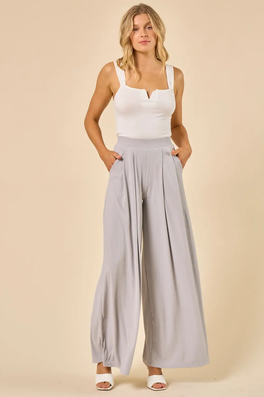 Wide Leg Ribbed Palazzo Pants - Light Grey
