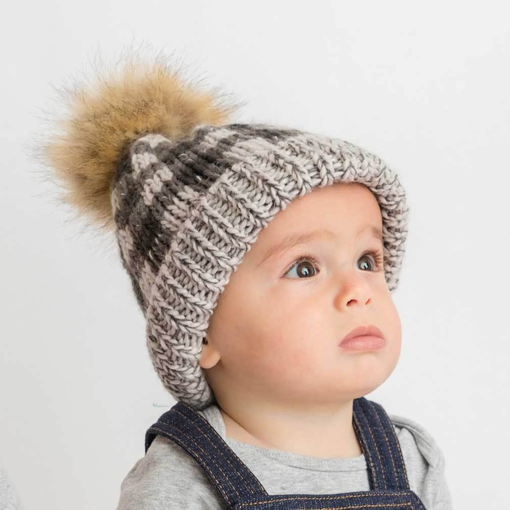 Kids Buffalo Check Pom Pom Beanie Hat Mo