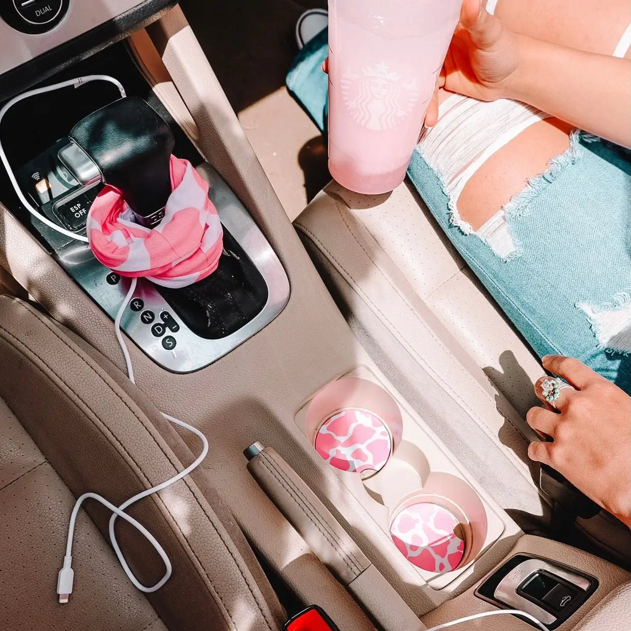 Pink Cow Print Car Coasters 2-Pack