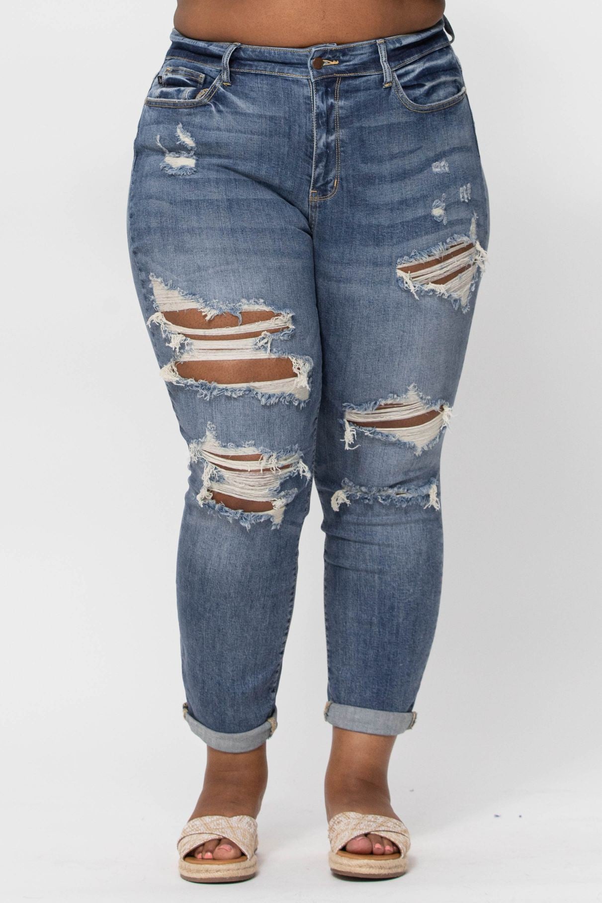 Curvy Girl Judy Blue Mid Rise Destroyed Boyfriend Jeans