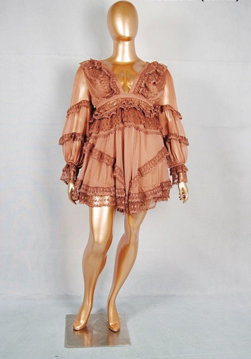 Curvy Girl Woven Ruffle Mini Dress - Coffee
