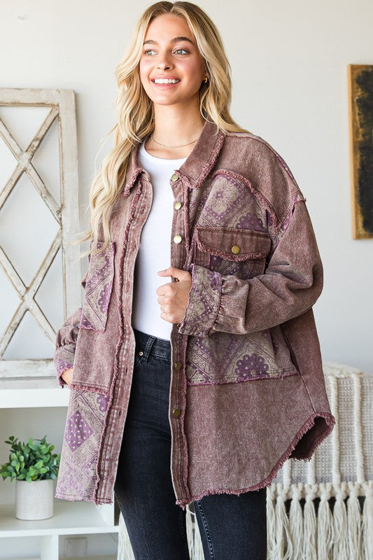 Mineral Washed Hounds Tooth Shacket - Plum