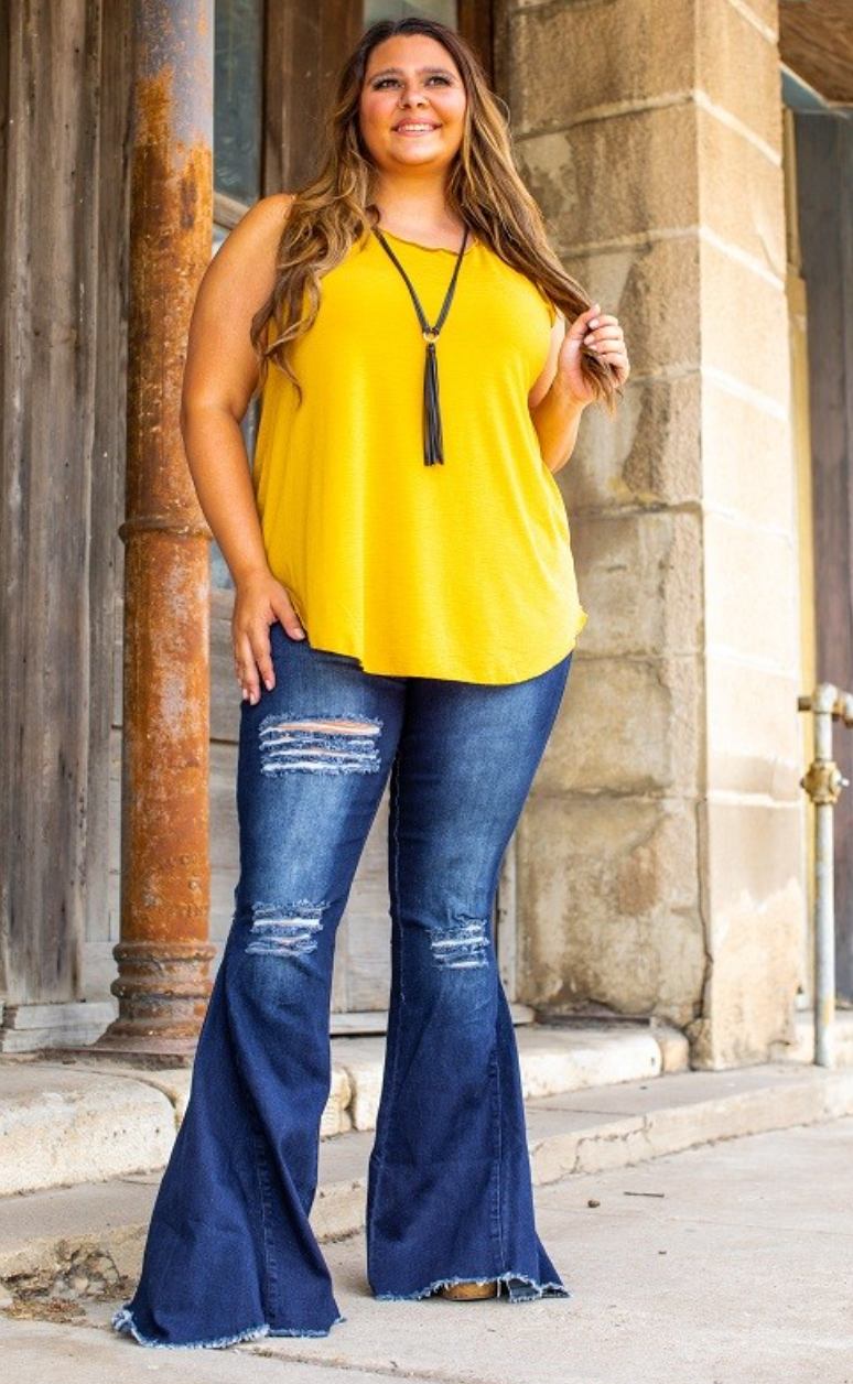 Curvy Girl Dark Wash Distressed High Waisted Bell Bottom Jeans