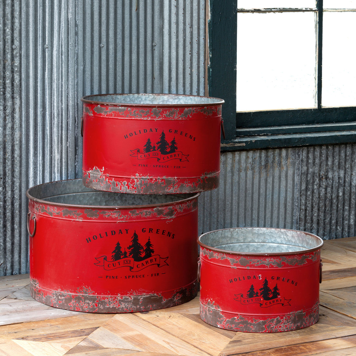 Antique Red Metal Tree Pots - Sold Separately