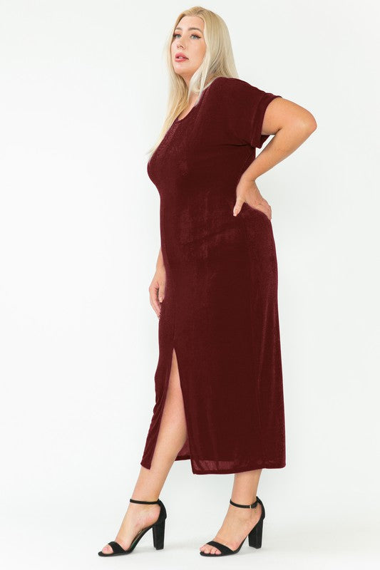 Curvy Girl Round Neck Short Sleeve Maxi Dress - Brick