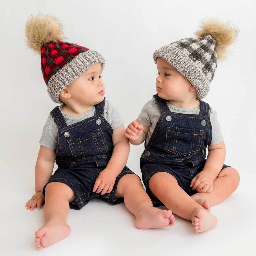 Kids Buffalo Check Pom Pom Beanie Hat Mo