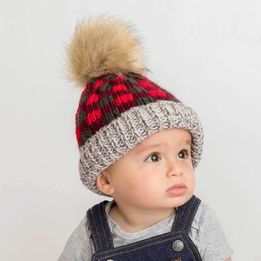 Kids Buffalo Check Pom Pom Beanie Hat Mo