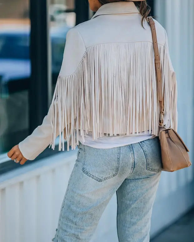 Boho Fringed Faux Suede Moto Jacket - Cream
