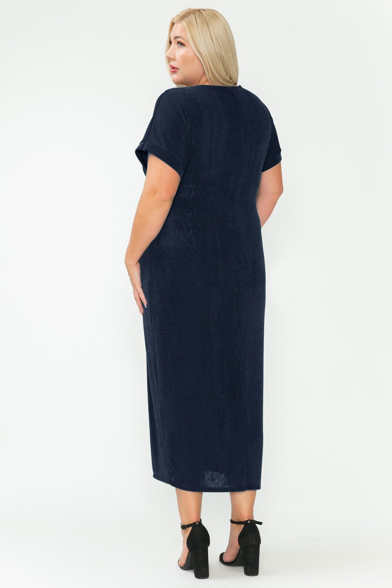 Curvy Girl Round Neck Short Sleeve Maxi Dress - Navy