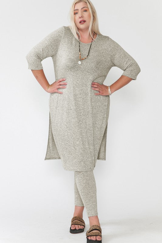 Curvy Girl Slit Top Band and Leggings - Taupe