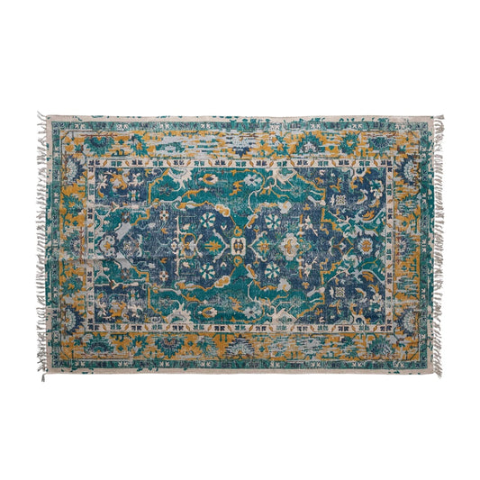 Woven Cotton Distressed Print Rug with Fringe