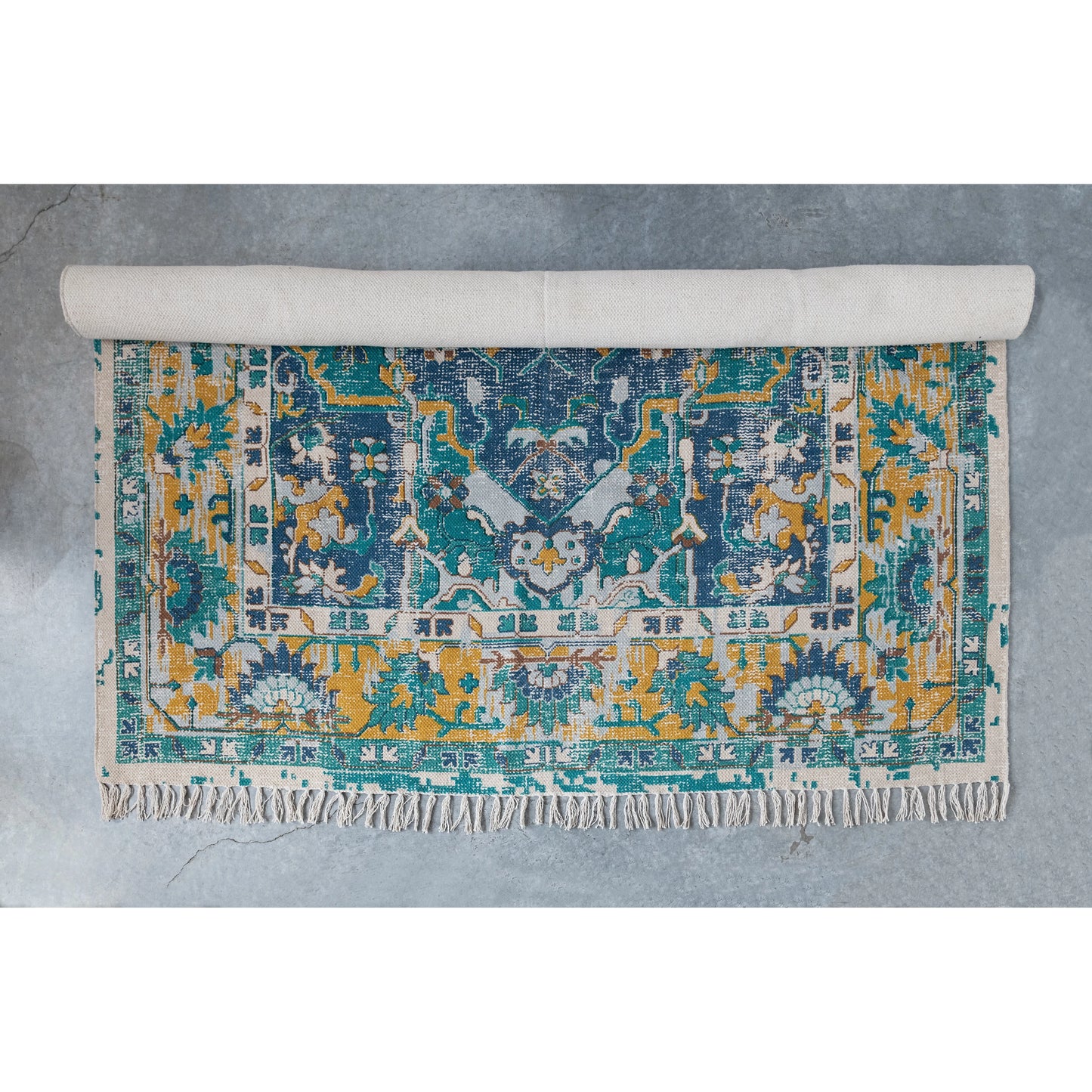 Woven Cotton Distressed Print Rug with Fringe