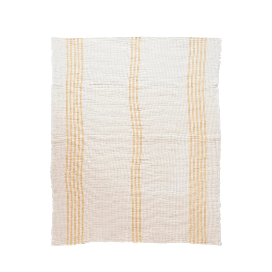 Cotton Double Cloth Stitched Throw with Stripes and Frayed Edges