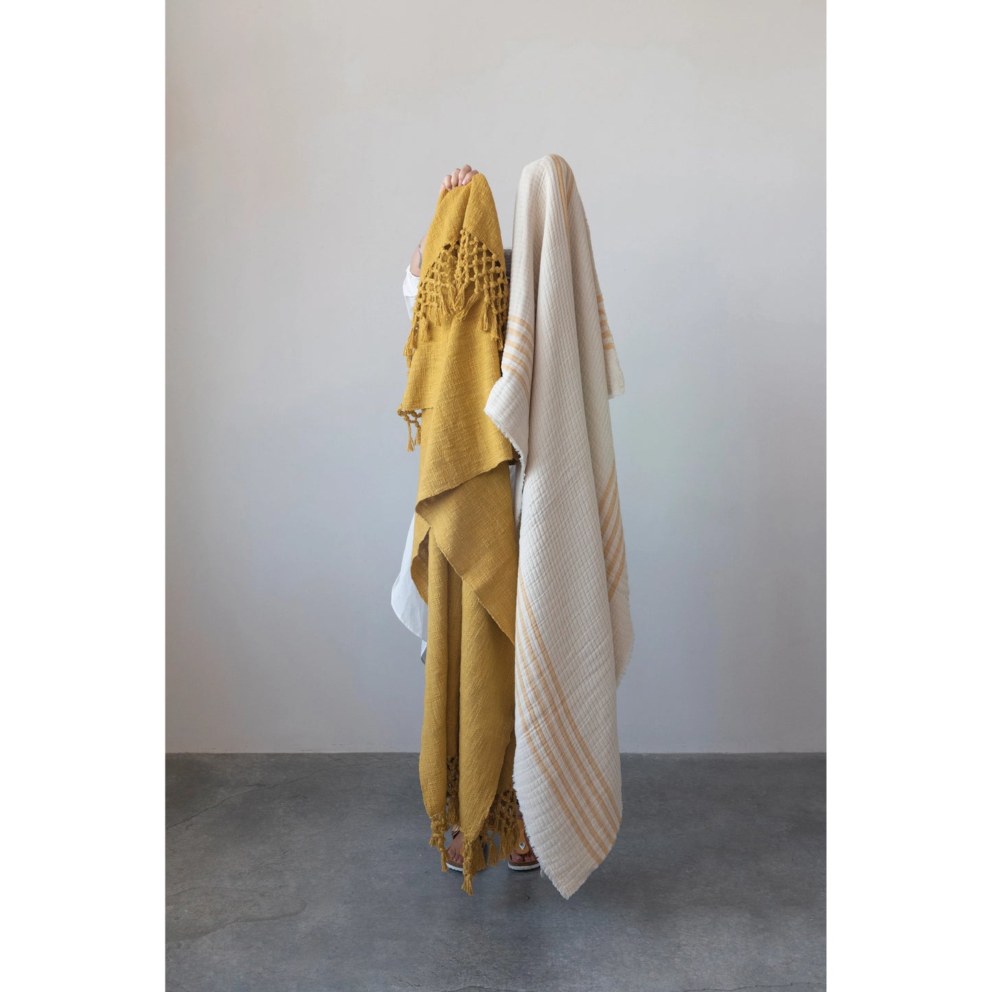 Cotton Double Cloth Stitched Throw with Stripes and Frayed Edges