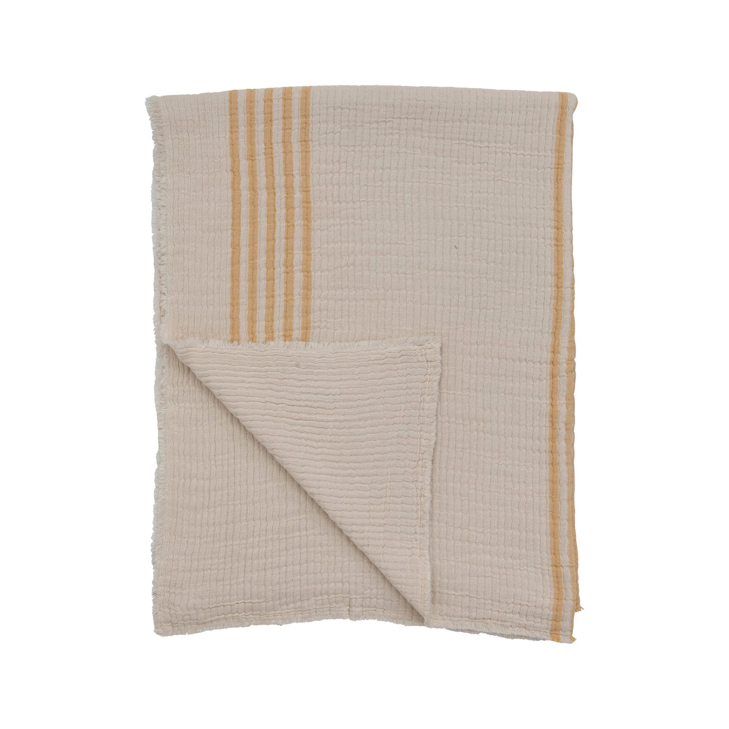 Cotton Double Cloth Stitched Throw with Stripes and Frayed Edges