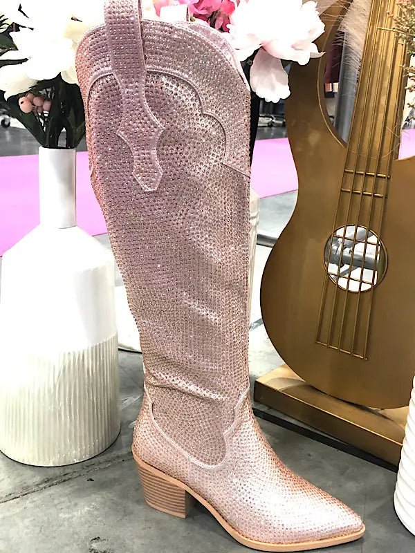 Heeled Western Knee Boots in Rose Gold Rhinestones