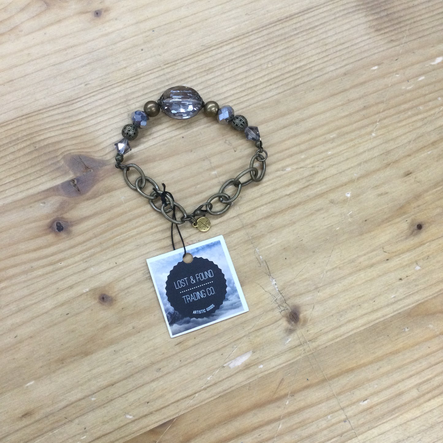 Brass Beaded bracelet w/ clear gem