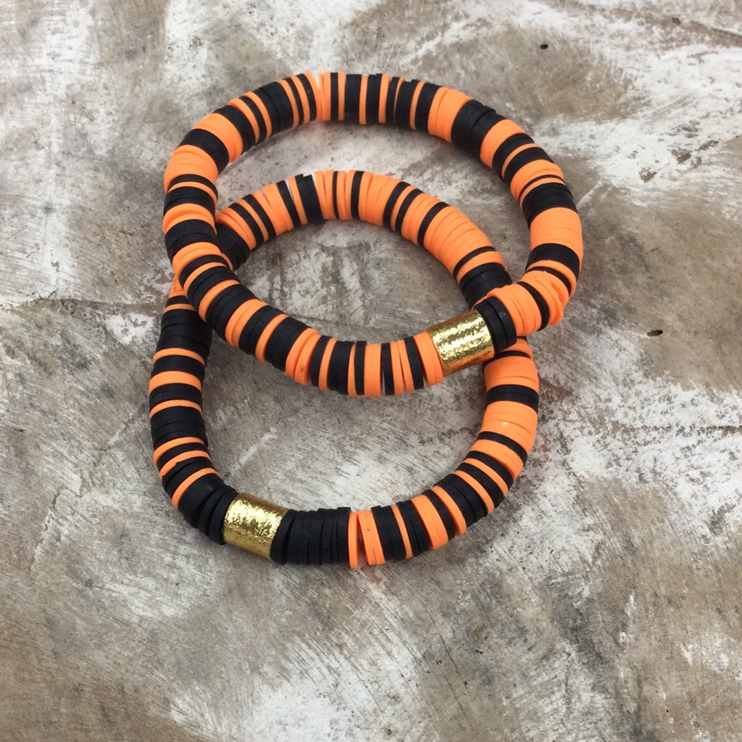 Orange/Black with Gold Barrel 8mm Heishi Bracelet
