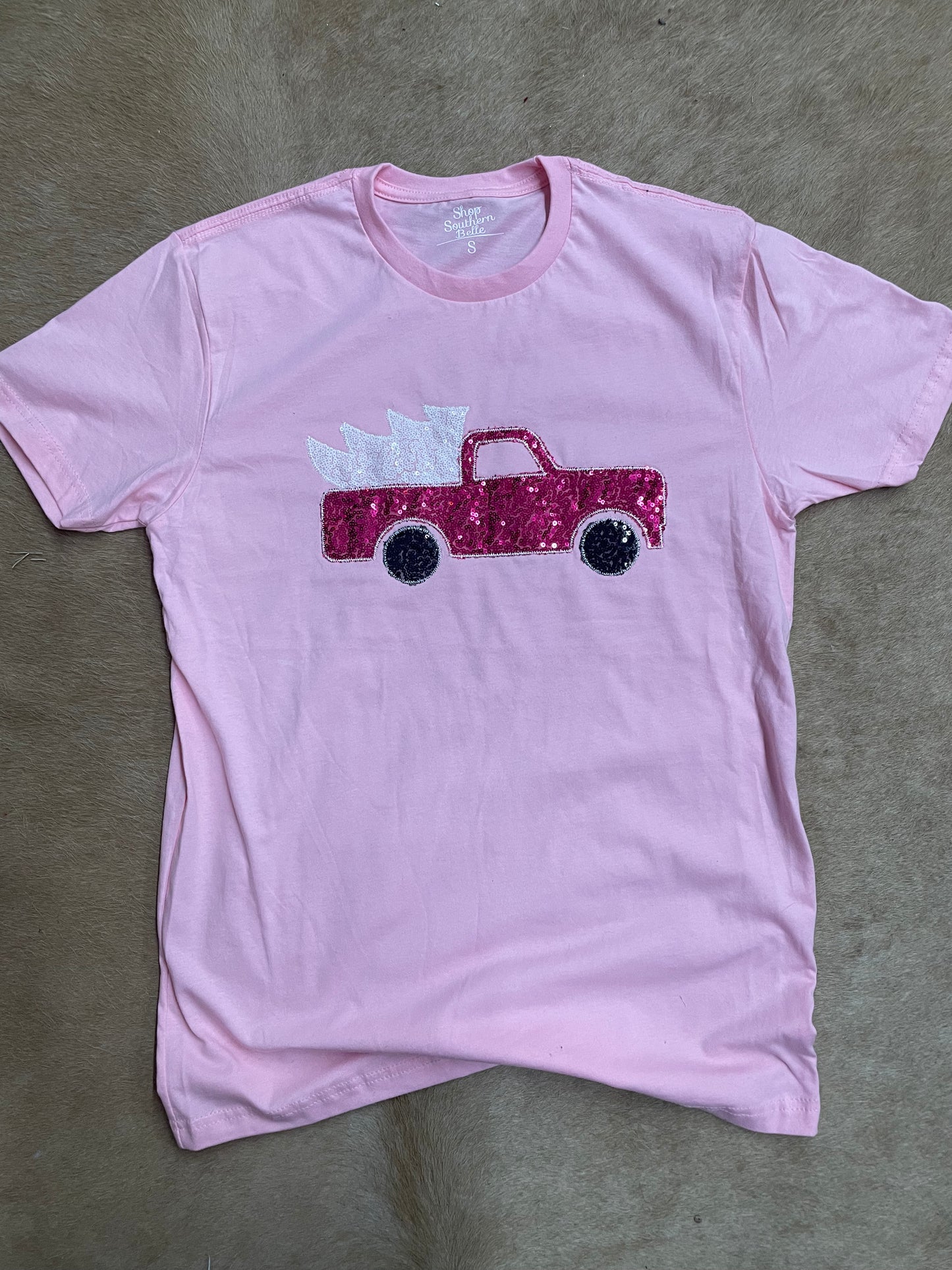 Pink Sequin Christmas Tree Truck Tee