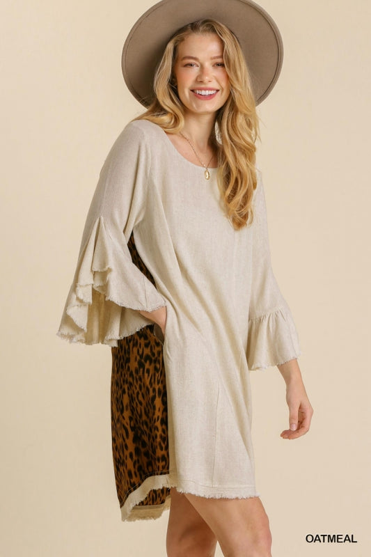 Linen Blend Ruffle Sleeve Animal Print Dress - Oatmeal