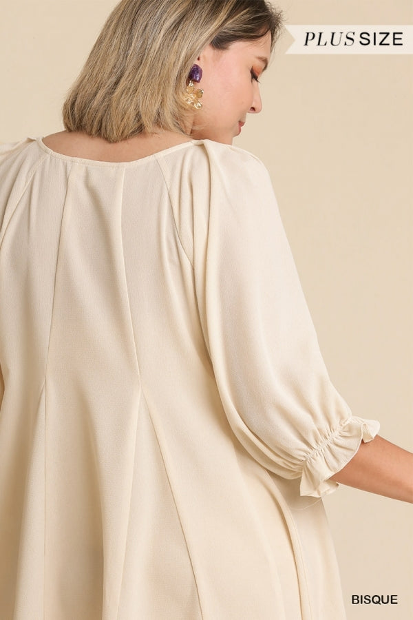 Curvy Girl Godet 3/4 Elastic Ruffle Sleeve Pleated Dress