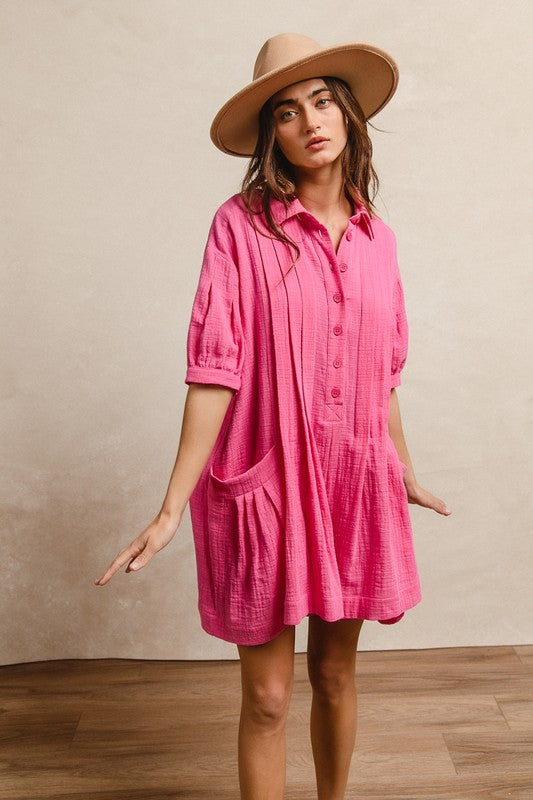 Slub Cotton Solid Tuck Short Sleeve Romper - Fuschia